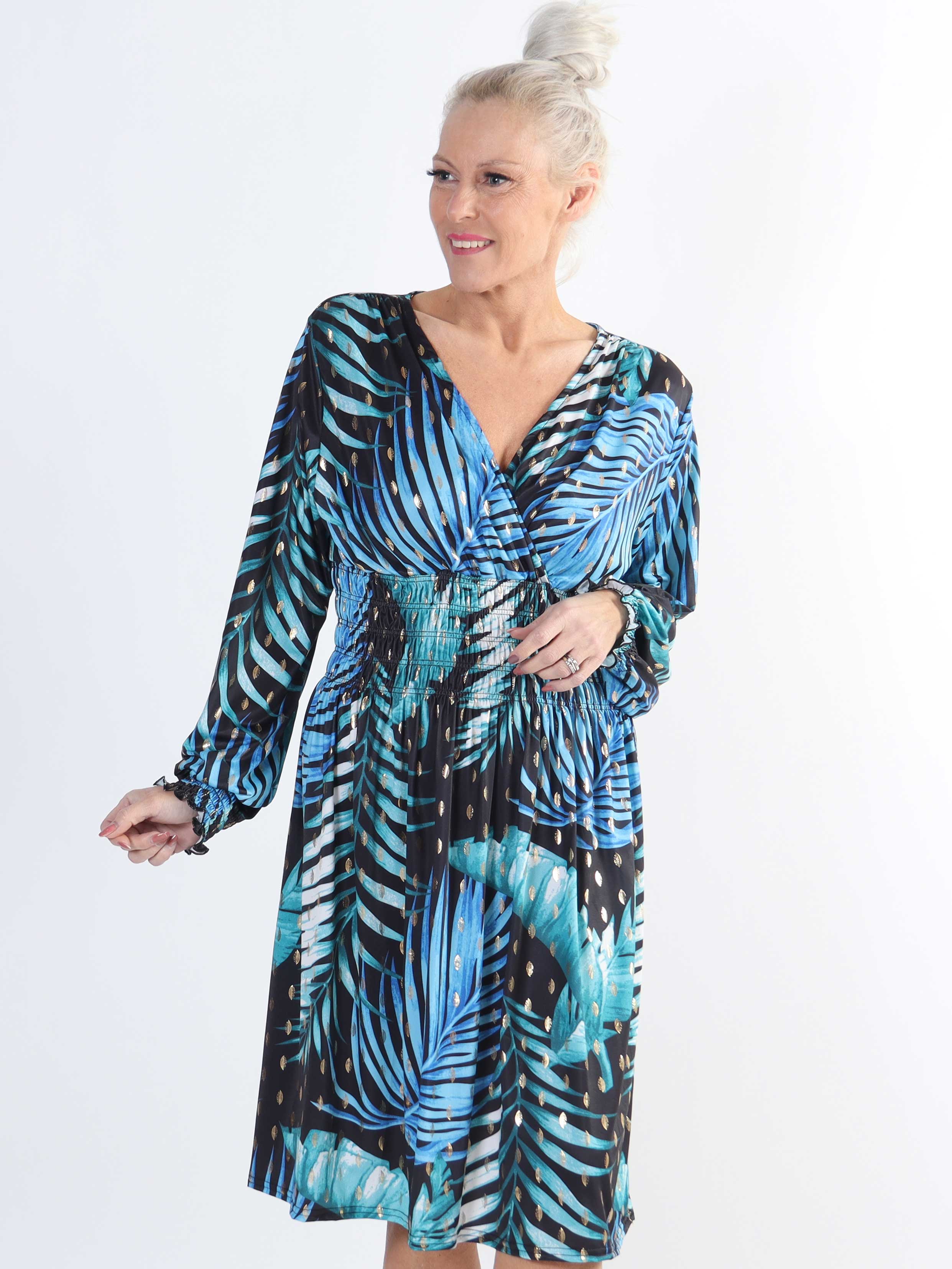 Pams Leaf Short L/S - Elastisk mönstrad klänning i skrynkelfritt tyg för stora storlekar